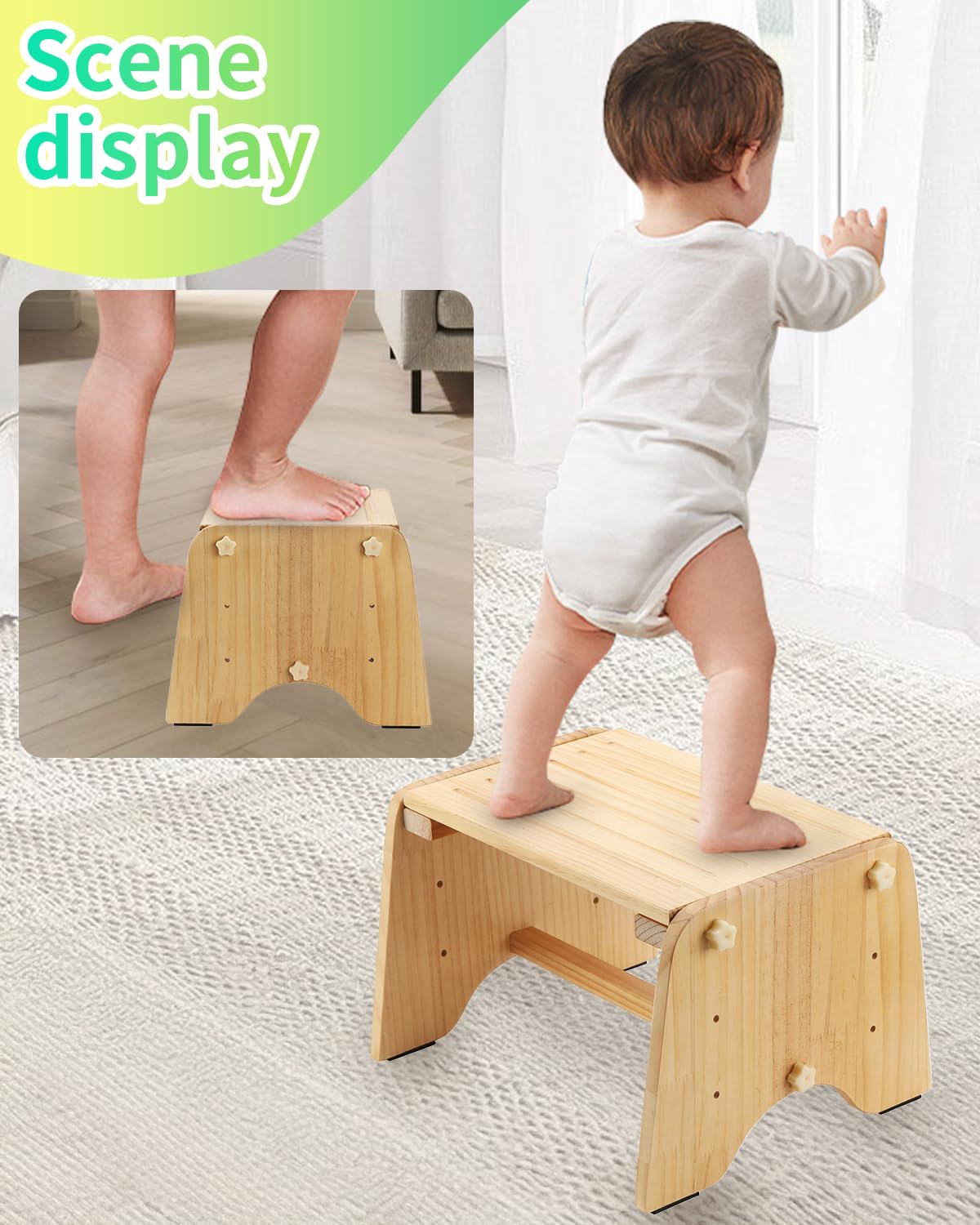 9" Wooden Step Stool for Kids Adults Elderly - 200Lbs Capacity Natural Pine