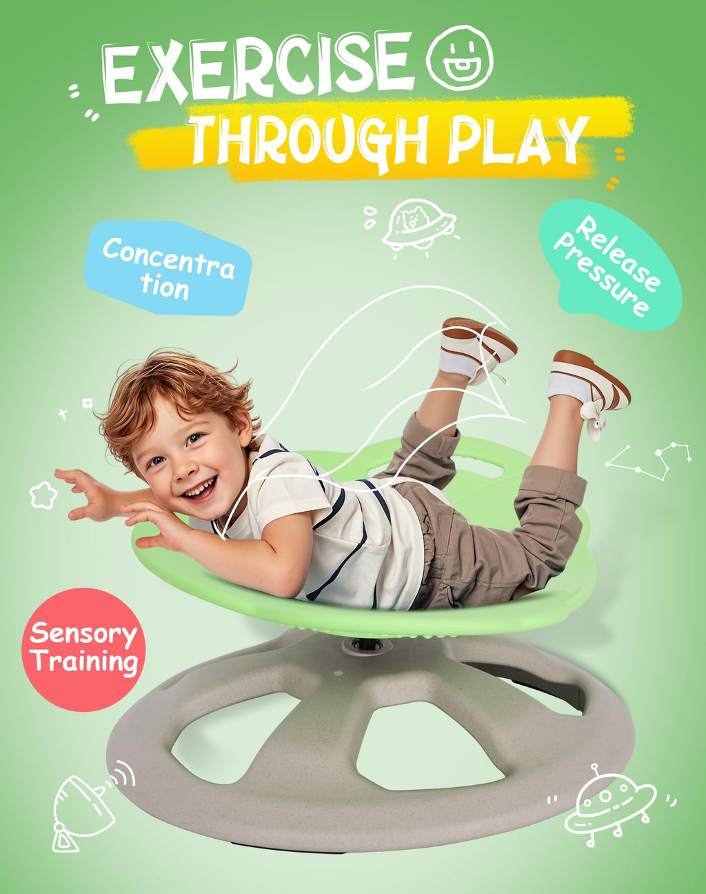 FERUERW Spinning Chair for Autistic Kids with Handle, Sensory Swivel Chair, 220LBS Weight Capacity, Sensory Toy for Children with ADHD/Autism, Training Body Coordination, 3+ Years (Light Green)