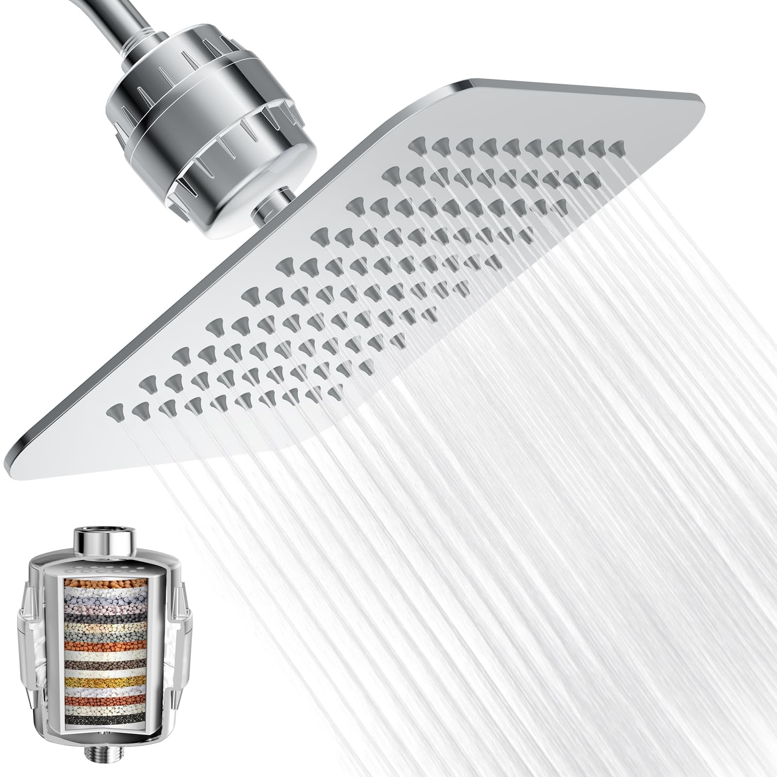 10'' High Pressure Filtered Shower Head Combo 20 Stage Shower Filter for Hard Water, Removes Chlorine & Harmful Substances (Chrome Polished)
