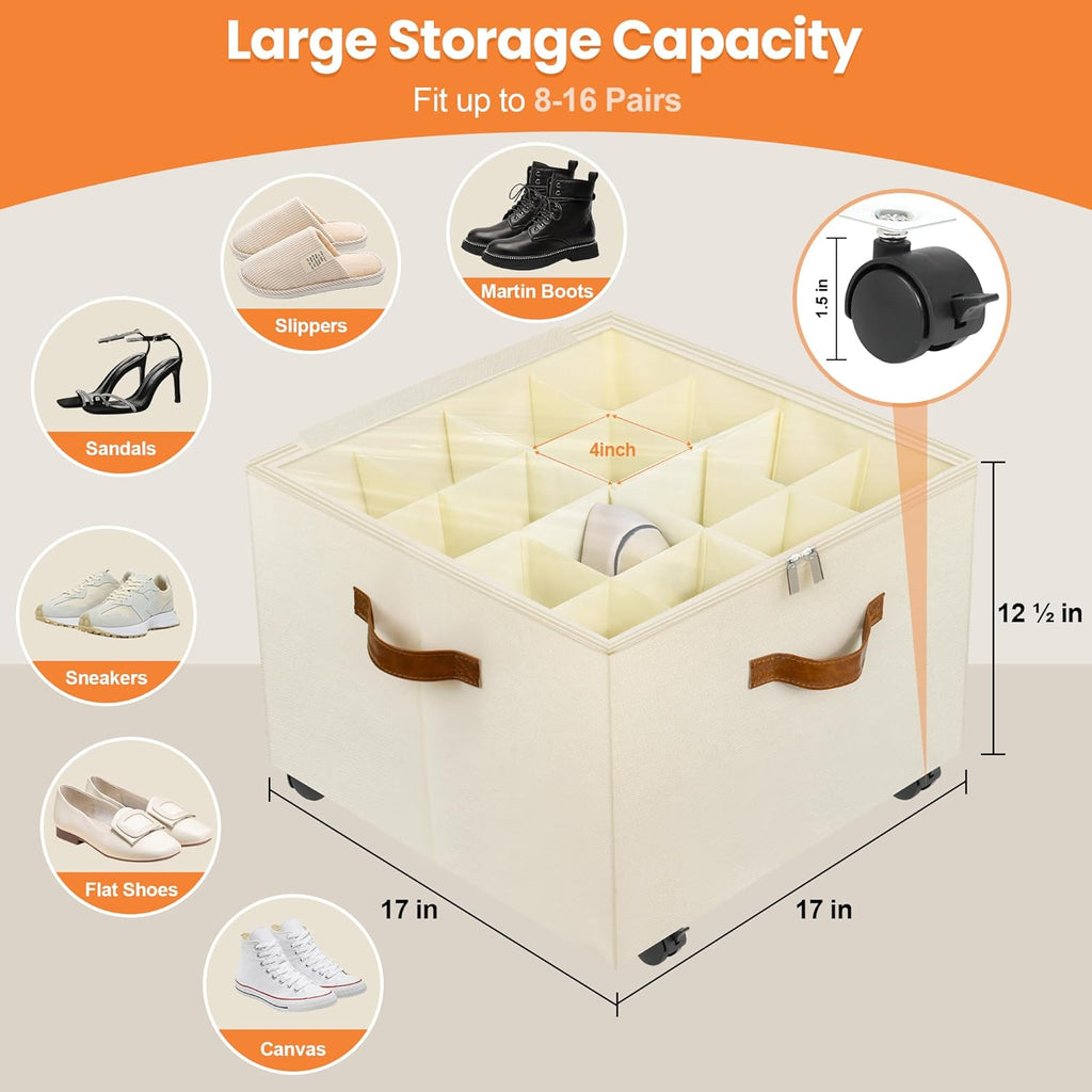Skiennix Shoe Organizer - 2 Pack Stackable Storage Box with Wheels & Adjustable Dividers | Fits 16-32 Pairs, Beige