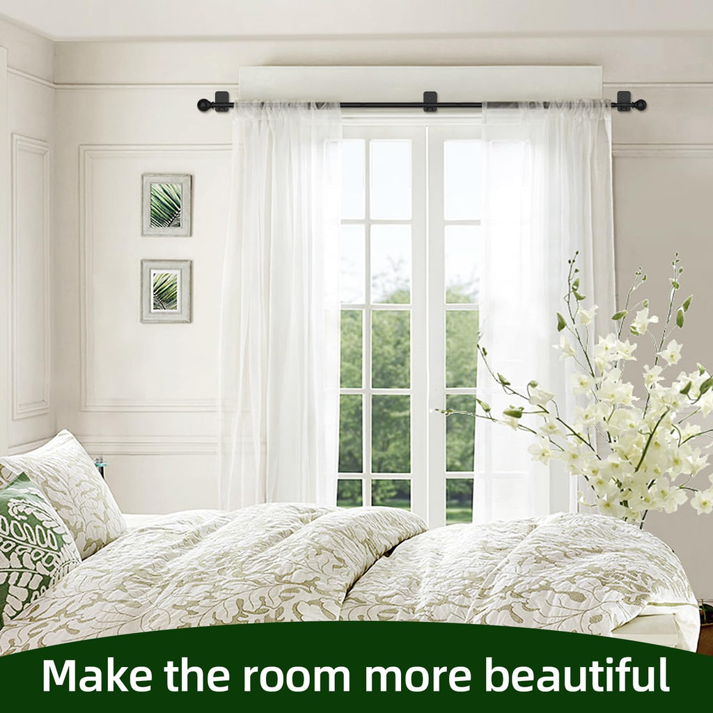 Sthumsup Curtain Rods No Drilling for Windows 48 to 84-90 Inches, 5/8 Inch Black Renter Friendly Adjustable Curtain Rod with 3M Adhesive Brackets