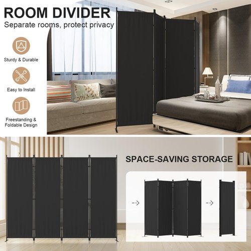 Kecreque Room Divider 4 Panel Partition Room Dividers & Folding Privacy Screens w/ 3 Metal Feet 6FT Portable Wall Doubles as a Dressing Screen Portable Wall for Office Kitchen Children's Room,Black