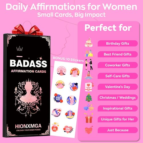 HIONXMGA Double-Sided Badass Affirmation Cards for Women - 118 Unique Inspirational Motivational Messages on 60 Cards for Self‑Care Positive Mindset, Empowering Gifts for Best Friend Sister Coworker