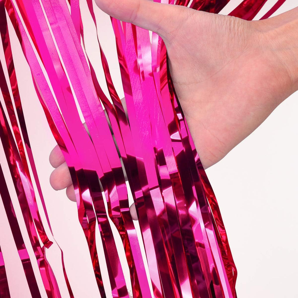 Skiennix Shiny Hot Pink Metallic Tinsel Foil Fringe Curtains - 3.2ft x 8.2ft Photo Booth Backdrop for Celebrations