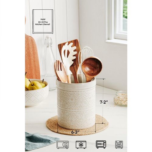 MIKIGEY Kitchen Utensil Holder, 7 Inches Large Ceramic Utensil Holder for Countertop, Lace Emboss Cooking Utensil Crocks for Kitchen, Home Decor, Off-White