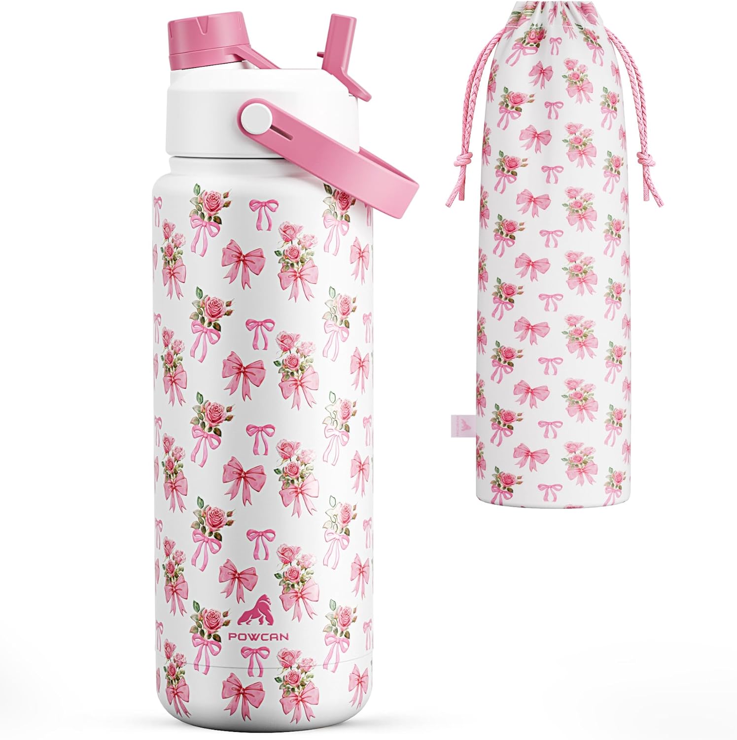 POWCAN 32 oz Insulated Water Bottle - 2-in-1 Straw & Spout Lid, Leak-Proof, BPA-Free | Rosy Bouquet