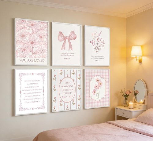 CBLIORUD Pink Christian Flower Canvas Wall Art - 6Pcs Bible Verse Decor for Bedroom & Nursery