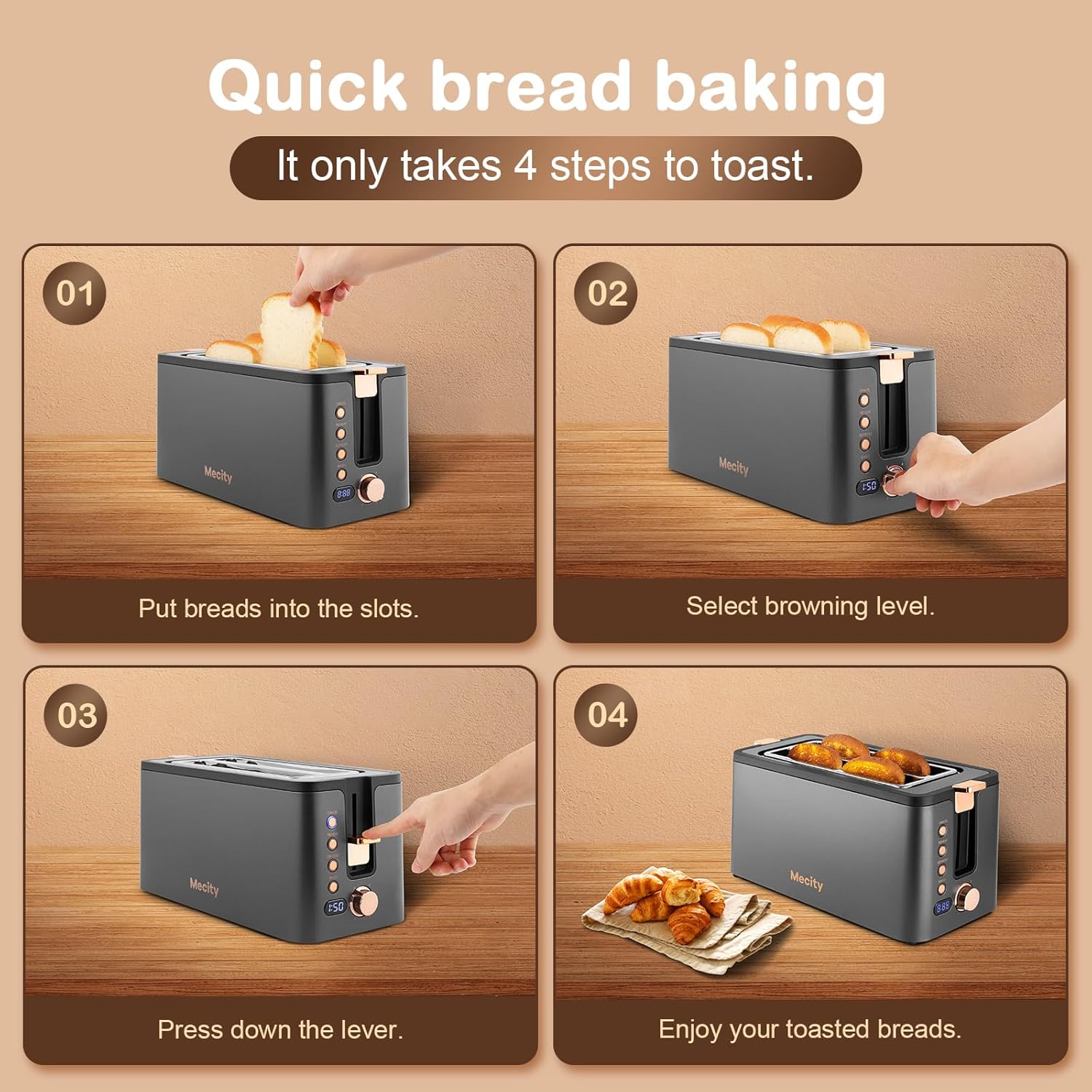 Mecity 4-Slice Long Slot Toaster - Stainless Steel with Warming Rack & 6 Browning Settings | 1300W, Grey