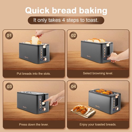 Mecity 4 Slice Toaster, Long Slot Toaster With Warming Rack, Timer, Bagel, Defrost, Reheat Functions, Crumb Tray, 6 Browning Settings, Extra Wide Long Slots, Stainless Steel, 1300W, Grey