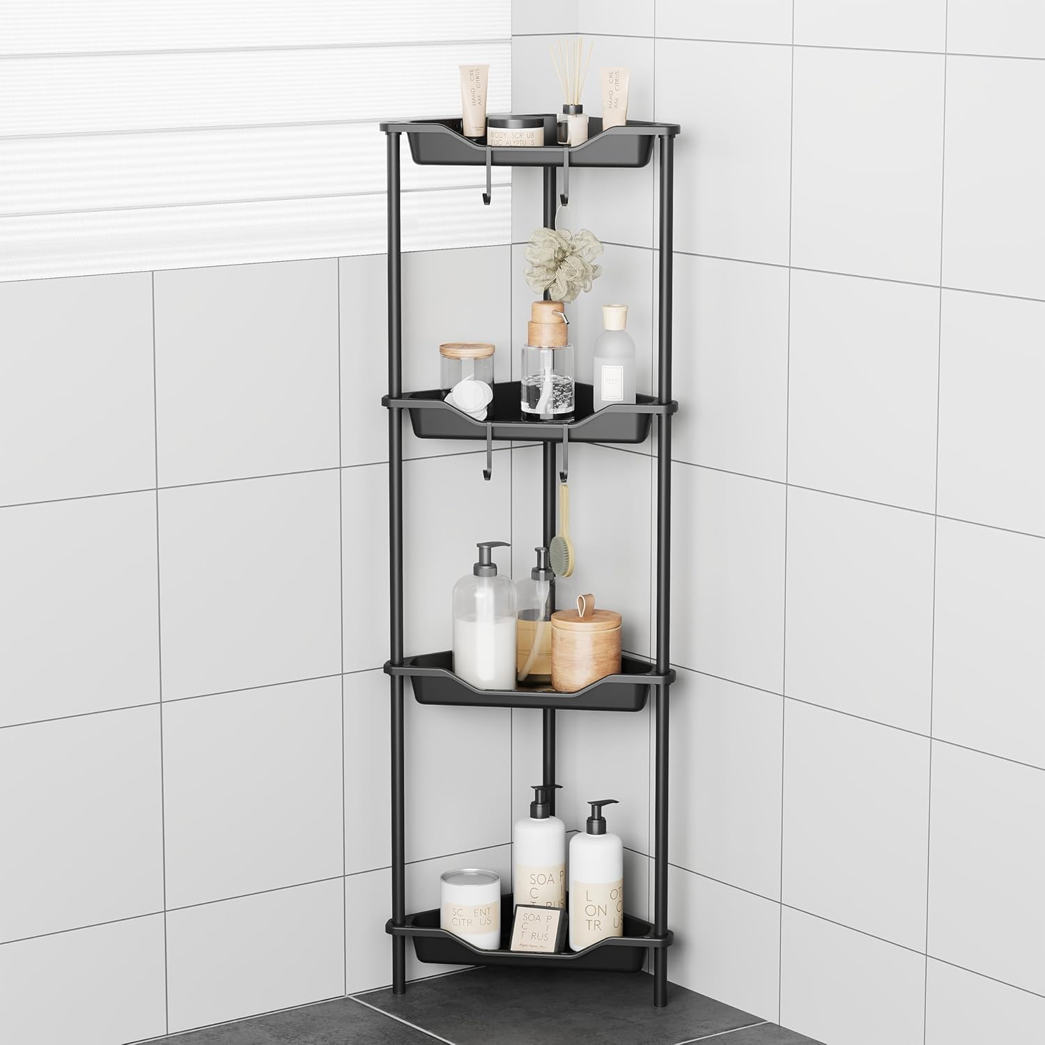 ODesign 4-Tier Corner Shower Caddy - Rustproof Plastic & Metal Organizer for Bathroom, Black