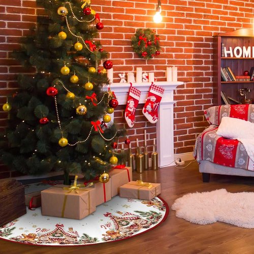 Christmas Tree Skirt 36Inches Christmas Gingerbread Sweet Candy Lollipop Xmas Tree Skirt Mat for New Year Holiday Christmas Party Red Gold Decorations (Red, 36in)