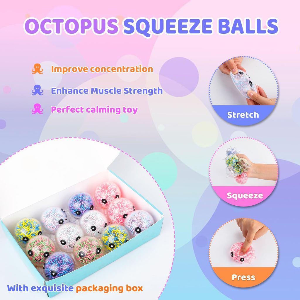 Skiennix Fidget Stress Balls - 12 Pack Cute Octopus Stress Relief Squeeze Balls | Perfect for Adults & Parties
