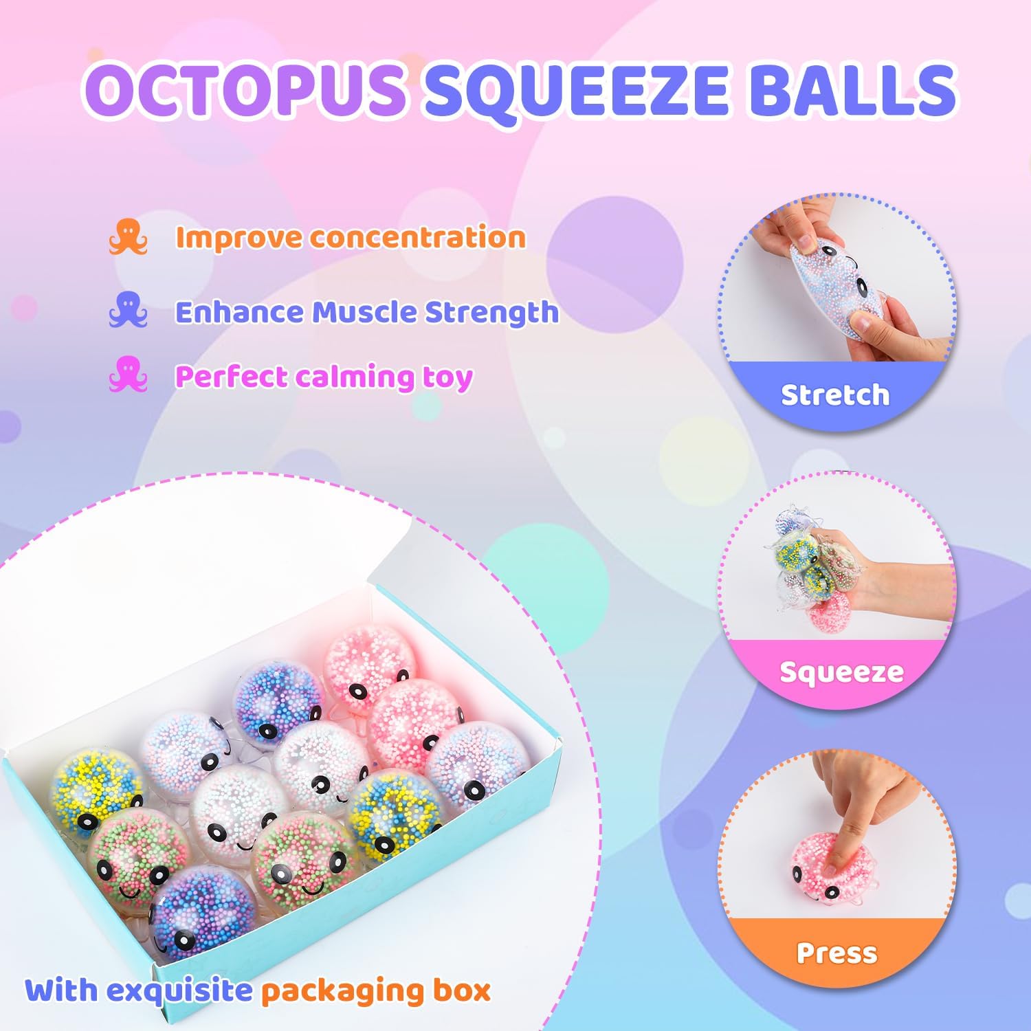 Skiennix Fidget Stress Balls - 12 Pack Cute Octopus Stress Relief Squeeze Balls | Perfect for Adults & Parties