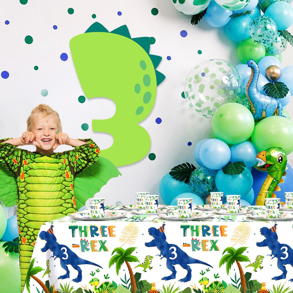 AIBIIN 194pcs Three Rex Birthday Decorations for Boy 3rd Birthday Party Plates, Cup, Napkin, Tablecloth, Tableware, Dinosaur 3 year old Birthday Party Supplies Plates Serve 24 Guests