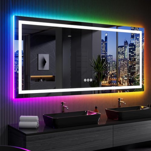 LOAAO RGB LED Bathroom Mirror - 84x32 Inch Dimmable Anti-Fog Vanity Mirror with Colorful Light Modes