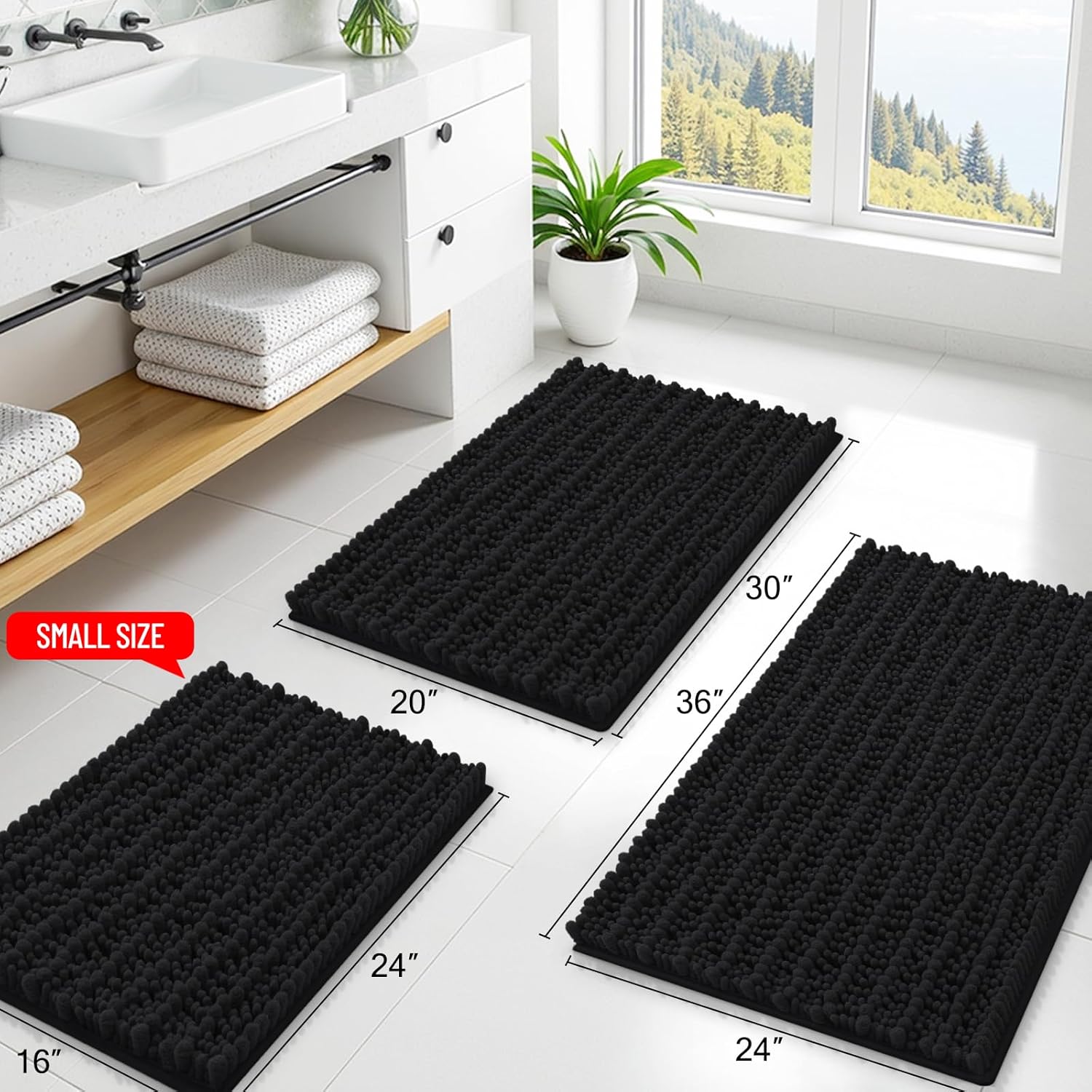 Smiry Bathroom Rugs - Extra Soft Absorbent Chenille Bath Mat | Non-Slip Rubber Backing, 30x20, Black