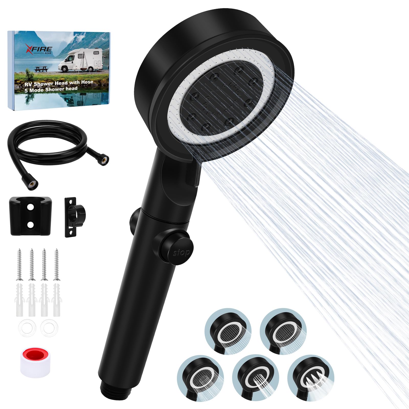 RV Shower Head with Hose, 5+1 Mode High Pressure Replacement with On/Off Switch, Water Saving Motorhome Shower Head for RV/Campervan, Caravan(Black)