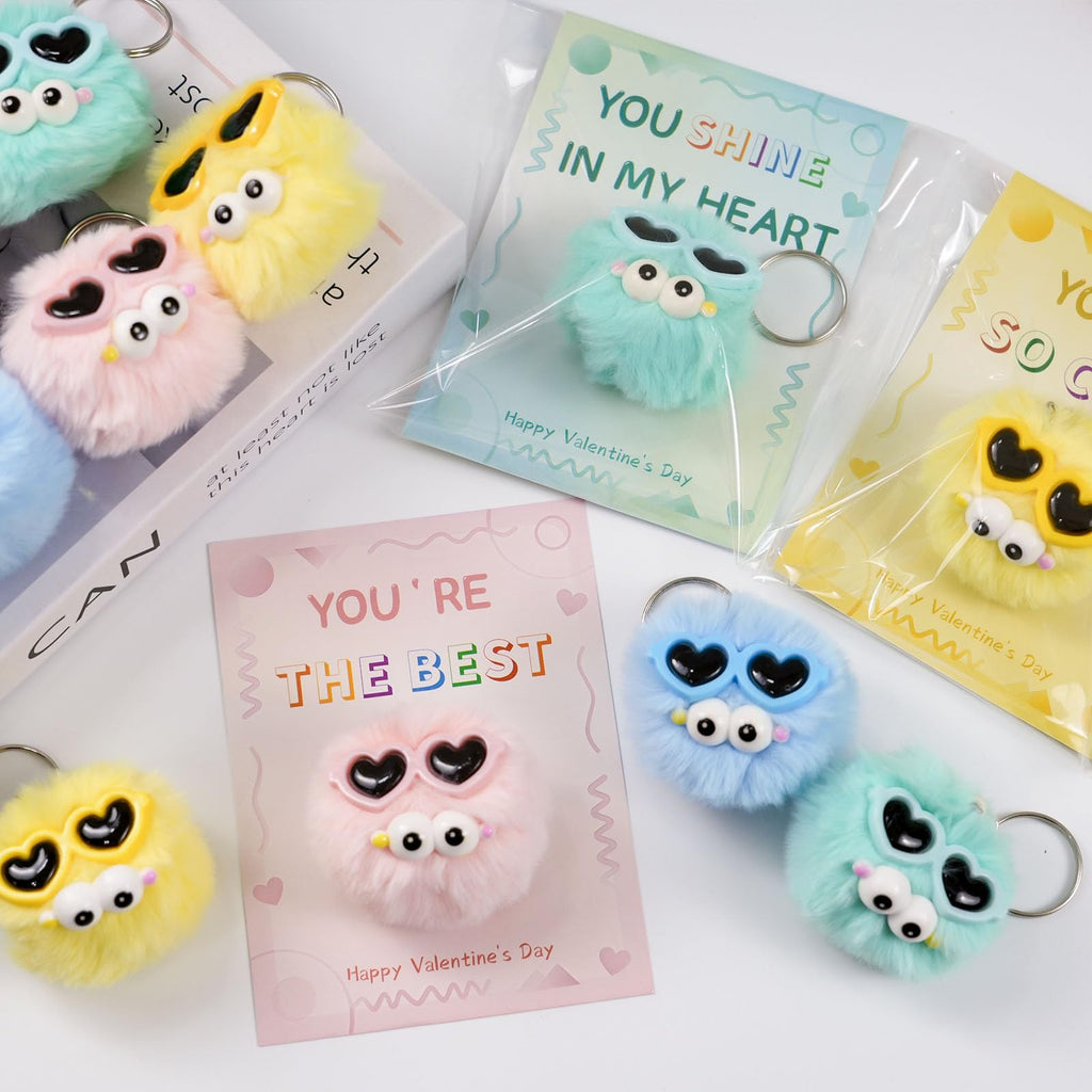 QYESQ Valentines Day Gifts for Kids - 24 Pack Cute Plush Toys Keychains, Valentines Day Cards for Kids Boys Girls Toddlers School Classroom Friends Exchange Party Favors