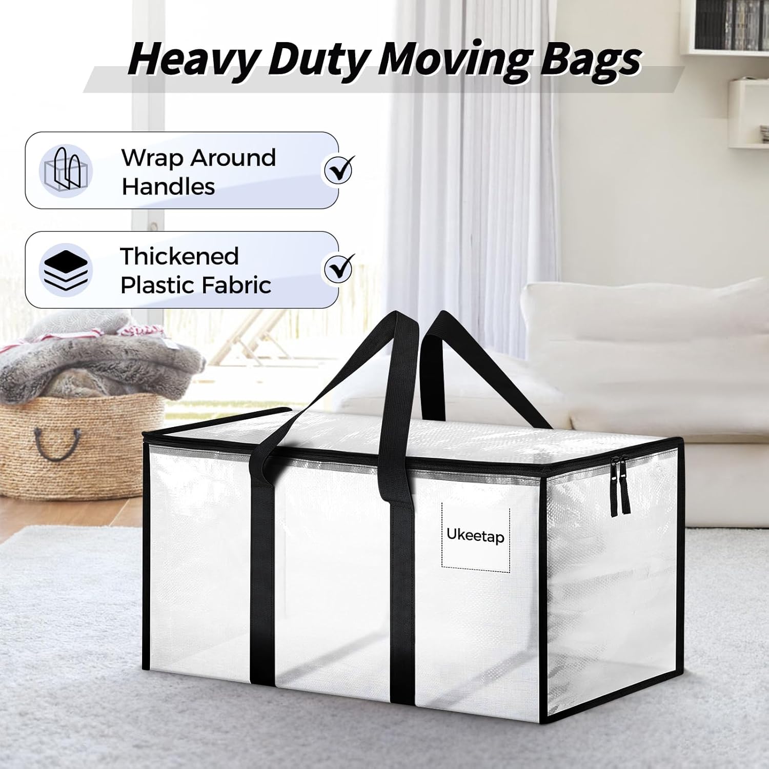 Skiennix Extra Large Heavy-Duty Moving Bags - 16 Pack with Reinforced Handles & Zippers | Clear Storage Totes for Clothes & Dorm Supplies