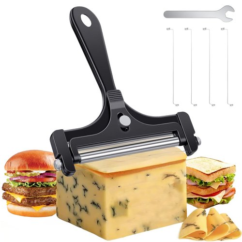 Wire Cheese Slicer Adjustable Handheld Cheese Cutter Stainless Steel Food Slicer for Block Cheeses with 4 Extra Wires and Wrench Handheld Butter Block Cutter for Mozzarella Cheddar Gruyere