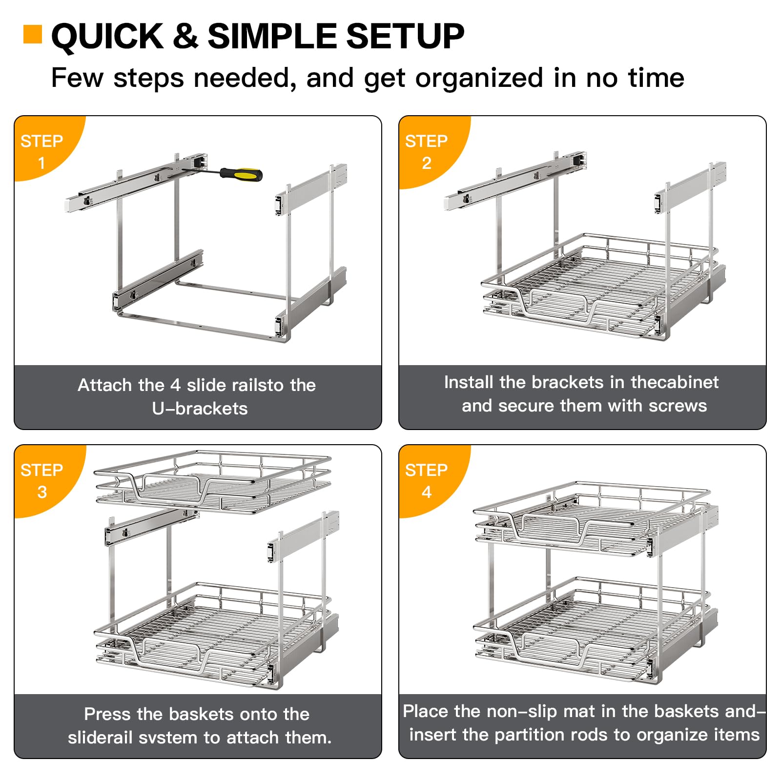 QUYUWU 2-Tier Kitchen Cabinet Pull Out Cabinet Organizer,Shelf and Drawer Organizer Slide Out Pantry Storaqe Basket in Multiple Sizes (17" W x 21" D)