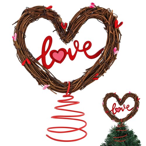 Valentine Tree Topper Heart Tree Topper Rustic Rattan Treetop Valentines Love Heart Wreath Decor for Valentines Wedding Holiday Party Wall Home Front Door Trees Ornament Decor