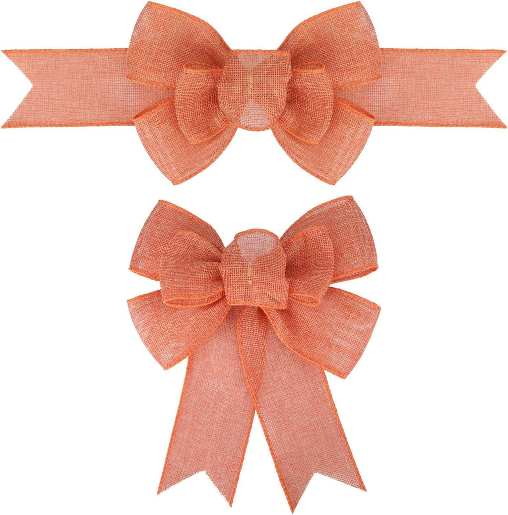 Meseey Orange Burlap Bows - Premade Gift Wrapping & Decor Bows for Holiday Decorations | 2 Pcs Set