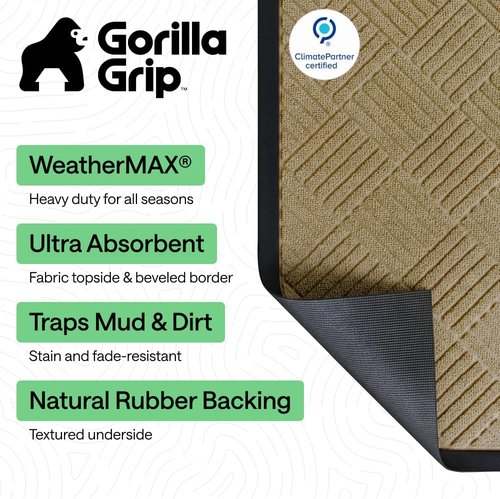 GORILLA GRIP Waterproof All-Season WeatherMAX Doormat - Natural Rubber, Stain & Fade Resistant, 23x35, Beige Diamond
