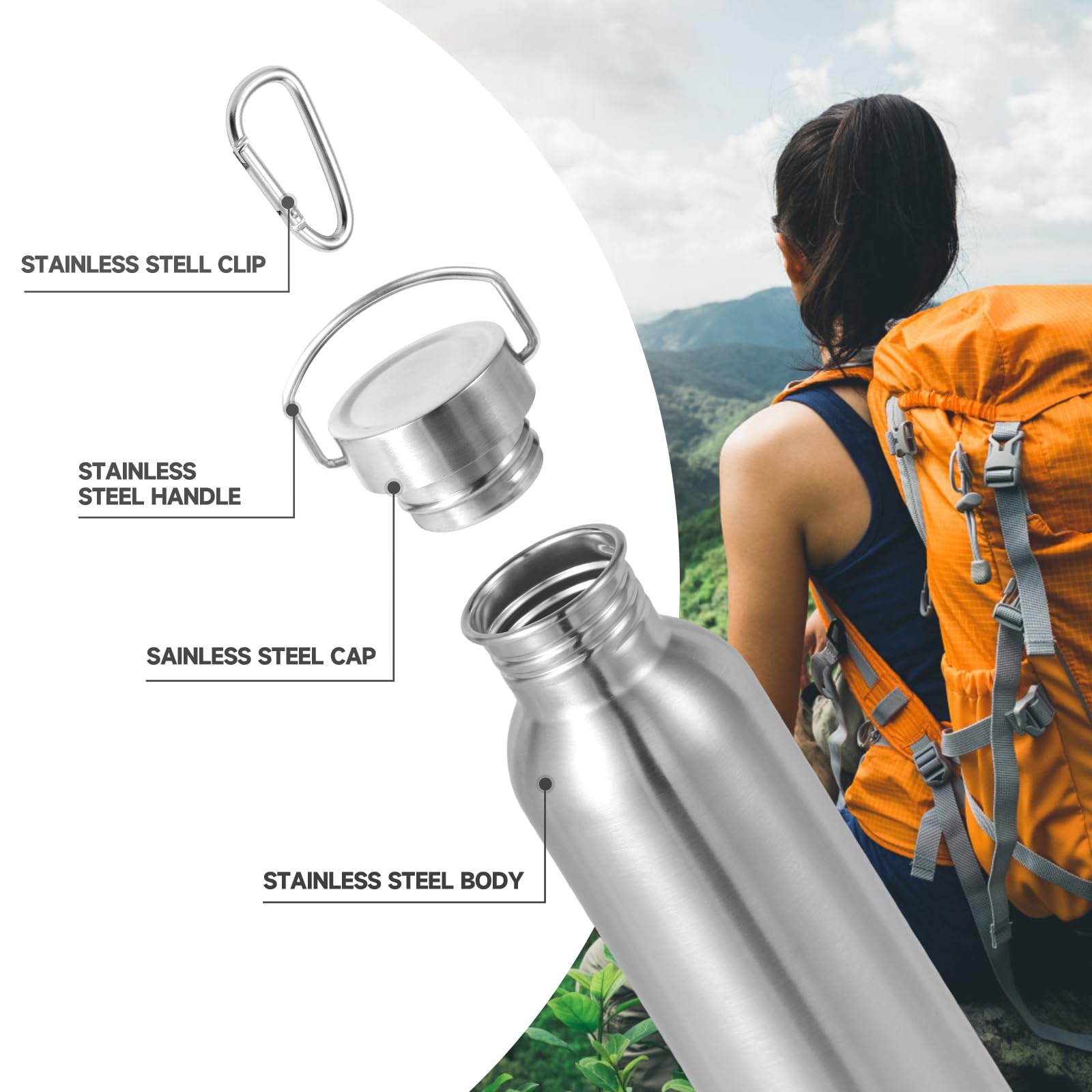 Volhoply 26oz Uninsulated Single Walled Water Bottle, Stainless Steel Reusable Water Bottles with Handle & Carabiner, BPA Free Wide Mouth Water Bottles for Gym Sports Camping(Silver,1)