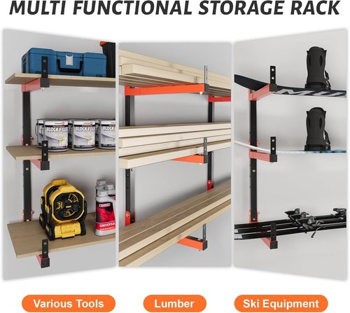 27" Lumber Storage Rack by [Brand Name] - Adjustable 6-Hole Wall Mount Metal Organizer for Garage (4 Pack)