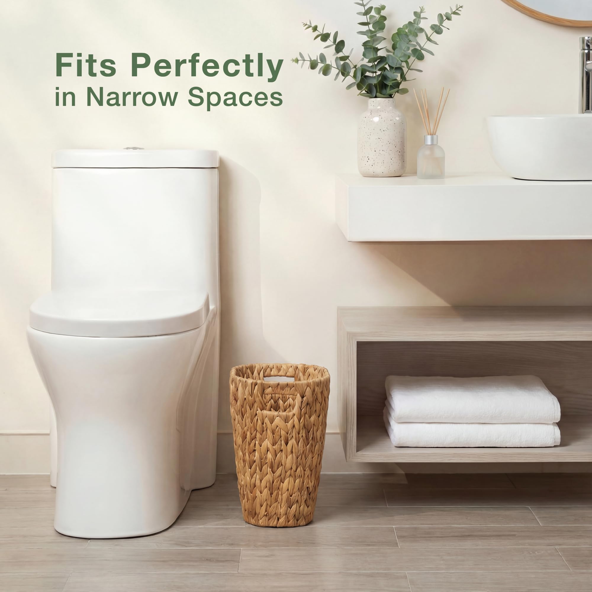 84ECO 2-Pack Oval Wicker Trash Cans – Rattan Trash Can - Wicker Waste Basket for Bathroom, Bedroom, Office - Decorative Waste Basket (Natural Hyacinth)