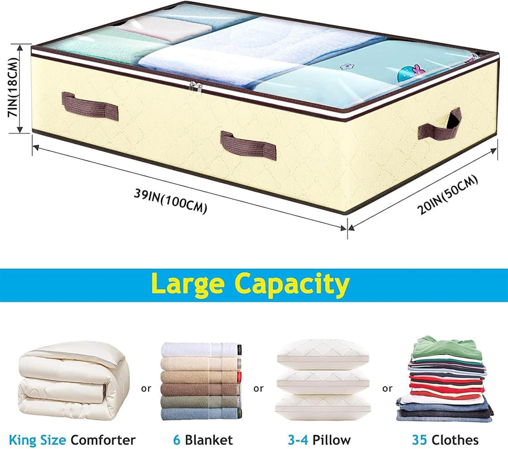Skiennix 90L Under Bed Storage Containers - Clear Window Organizers for Bedding & Toys | 2 Pack Beige