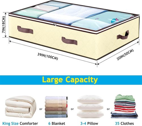 Budding Joy 90L Underbed Storage Containers - Large Capacity Foldable Bins with Clear Window | Beige 6-Pack