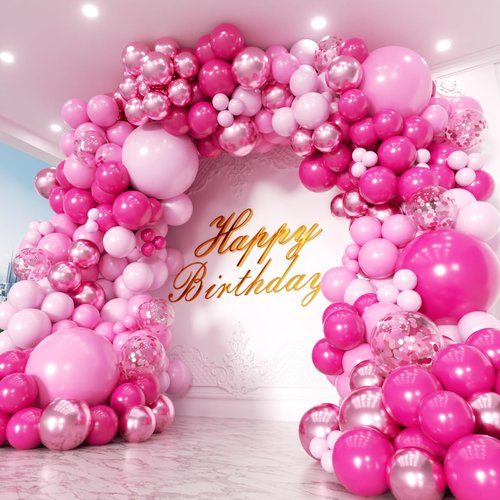 PTGOLUO Pink Balloons Garland Arch Kit 170pcs, Hot Pink Metallic Pink Shades of Pink Valentine's Day Balloons for Birthday Wedding Princess Theme Engagements Baby Shower Party Decorations