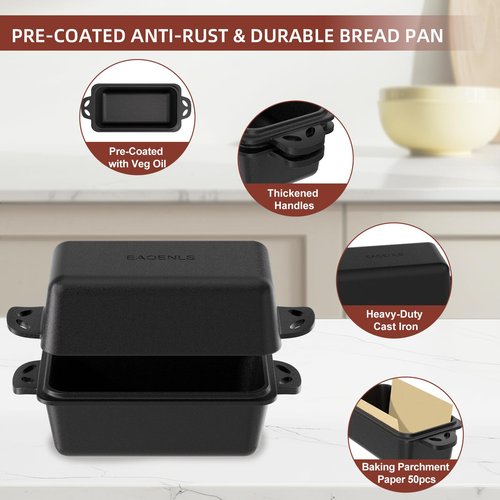 EAOENLS 9×5 Inch Cast Iron Loaf Pan with Lid, 2-in-1 Bread Baking Pans for Homemade Bread, Pre-Seasoned | Even Heat Distribution, 2 Piece Set