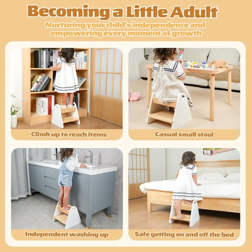 Toddler Step Stool, Wooden Step Stools for Kids, Kids Potty Training Stool with Handles, Rounded Corners Child Stepping Stool for Bathroom Sink, Kitchen, Bedroom(New-White)
