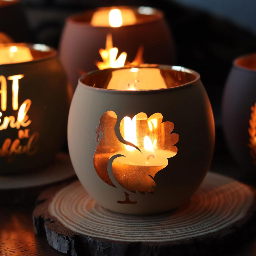 Thanksgiving Votive Candle Holder Set - 6 Glass Holders with Laser Engraved Patterns for Fall Decor