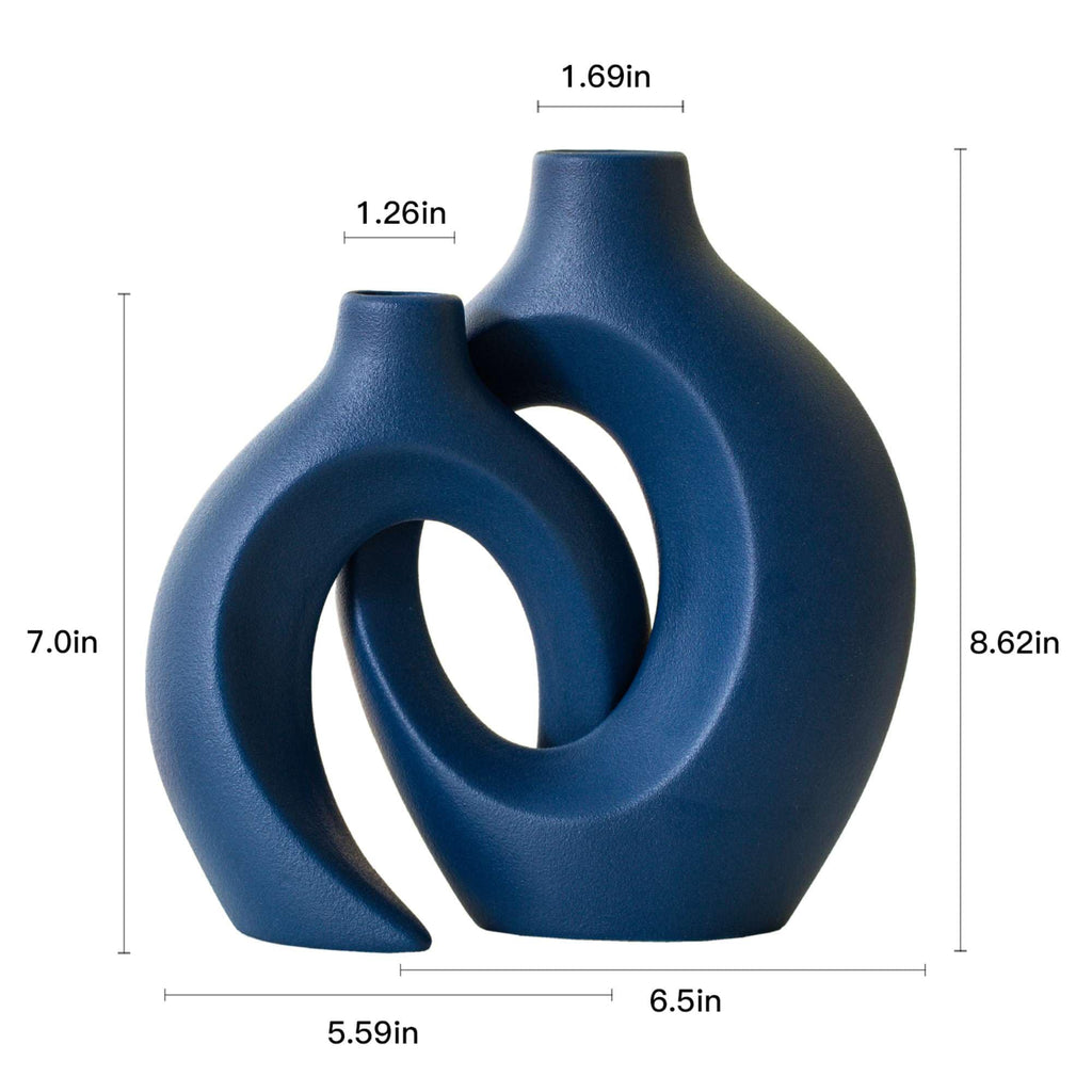 Lvases Snuggle Hollow Ceramic Vase Set of 2, Nordic Modern Boho ins Style Ceramic Aesthetic Flower Vases for Home Decor Living Room Coffee Table Decorative (Matte Navy Blue W 6.3" X H 8.4")