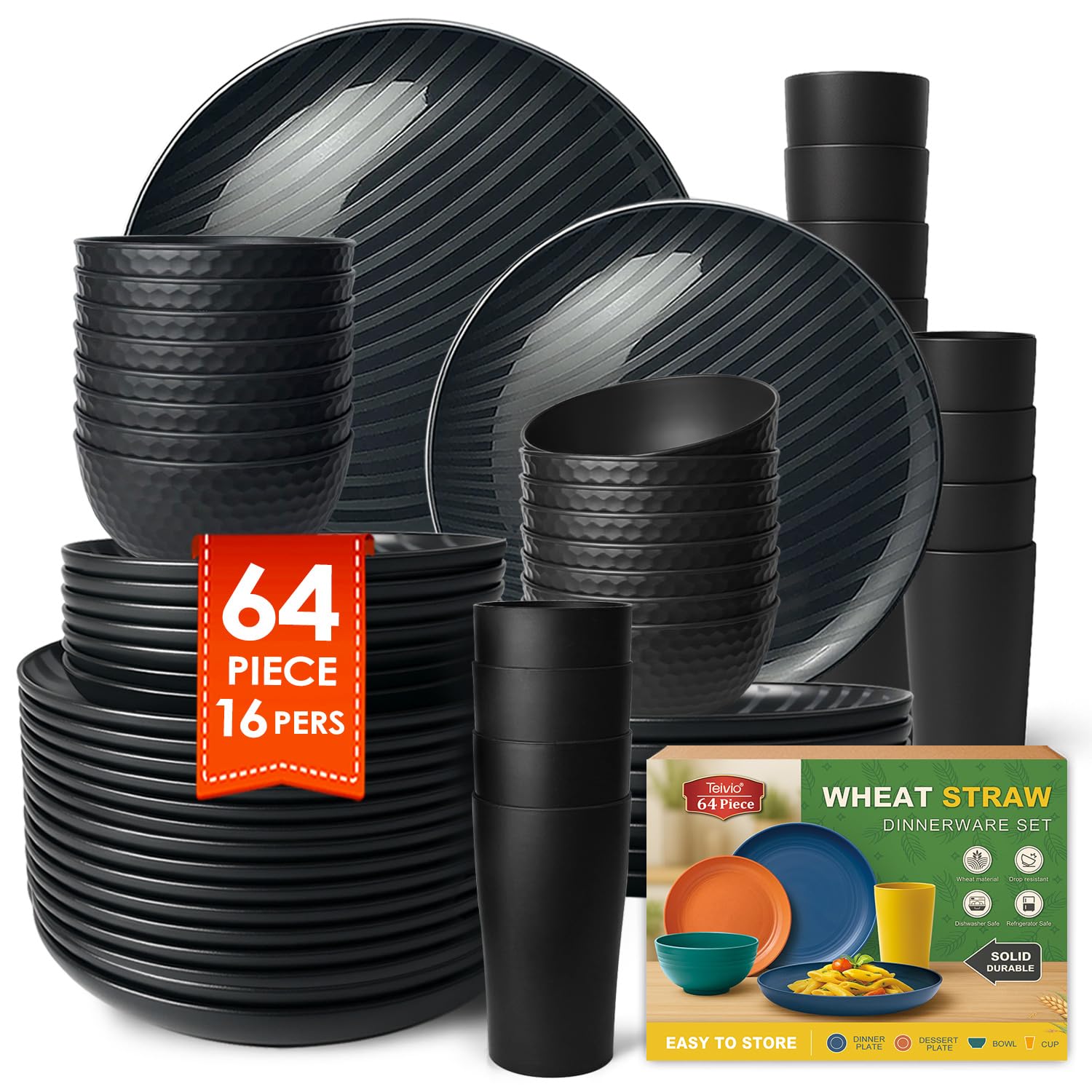 Teivio 64-Piece Kitchen Plastic Wheat Straw Dinnerware Sets for 16, Dinner Plates, Dessert Plate, Cereal Bowls,13.5oz Cups, Unbreakable Outdoor Camping Party Dishes, Apartment Dinning Essentials,Black