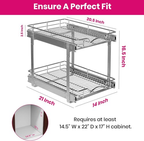 Heavy-Duty Steel 2-Tier Pull-Out Cabinet Organizer by [Brand Name] - Full-Extension Shelves, Easy Install, 14" W x 21" D x 16.5" H