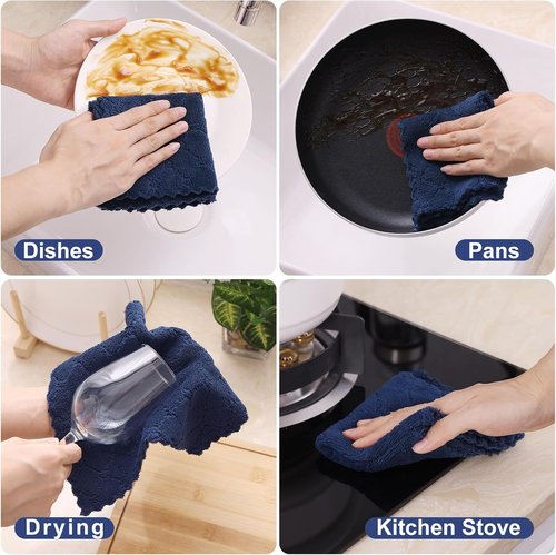 Homaxy Kitchen Dish Cloths - Super Soft & Absorbent Coral Velvet | 12 Pack, 10 x 10 Inches, Navy Blue