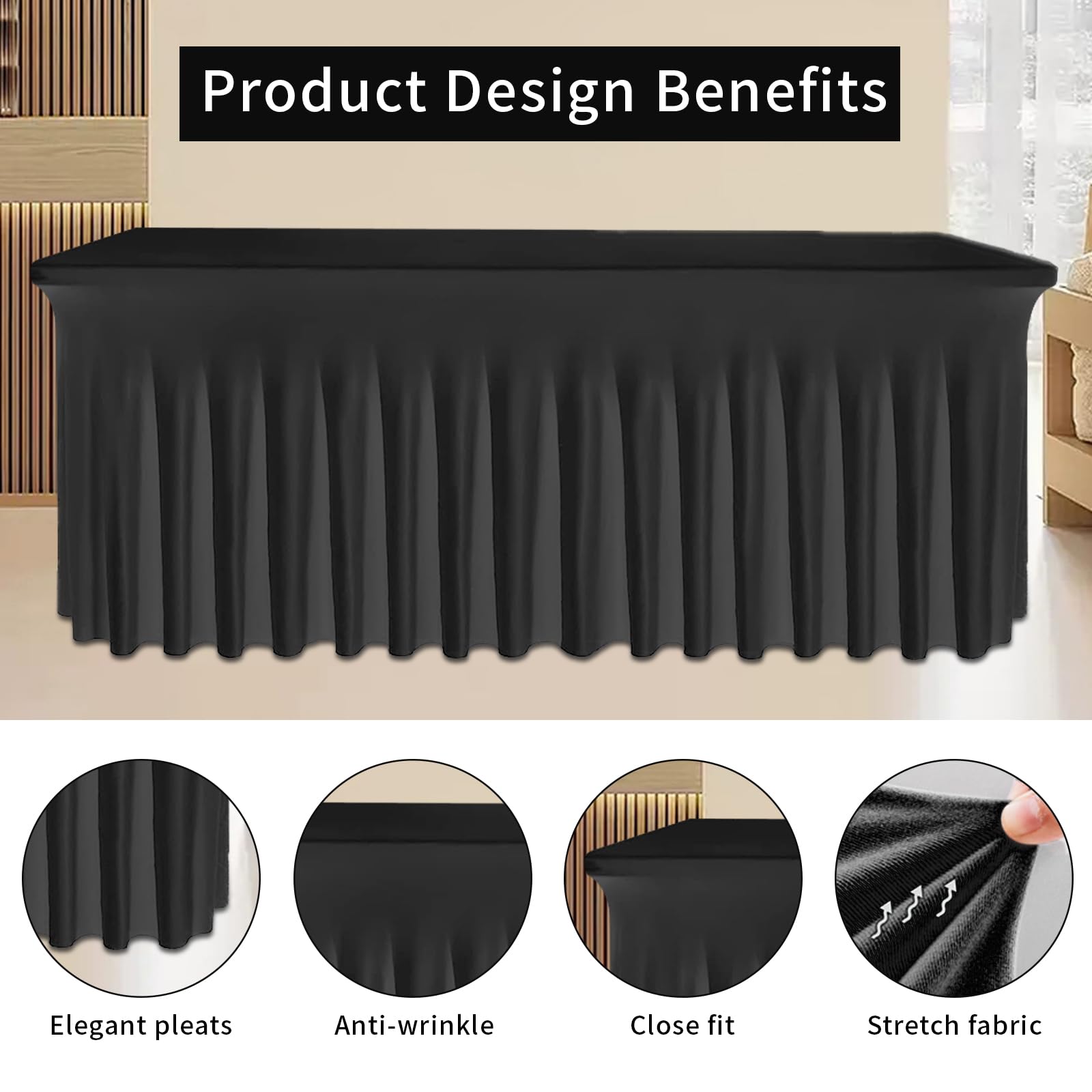 Tohetsuzp 2 Pack Black Table Skirt, Wrinkle-Free Spandex Table Covers 6ft, Elastic Fitted Washable Tablecloth for Rectangle Tables for Wedding, Banquet, Party, Events
