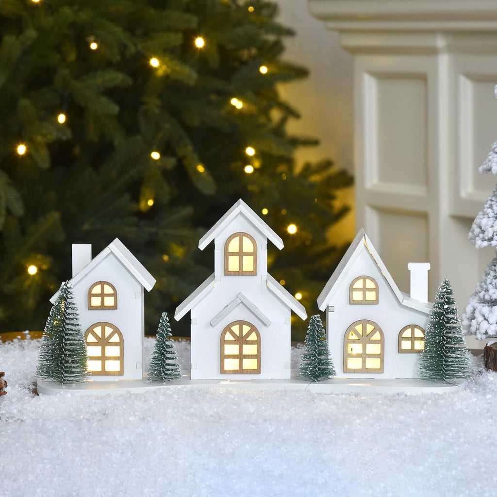 White Christmas Village House Decoration - LED Lights & Wooden Centerpiece | Mini Winter Town Xmas Decor