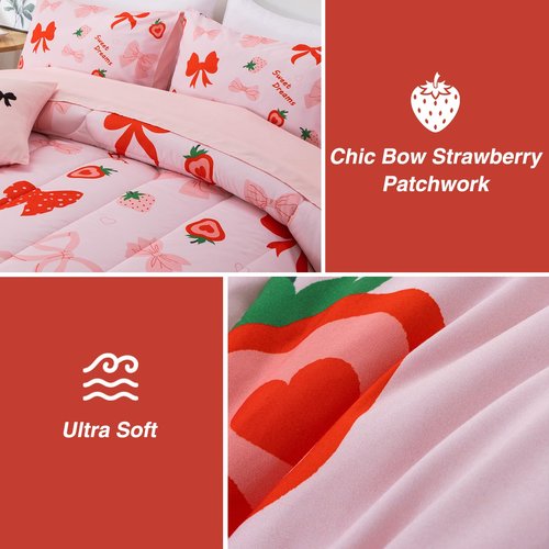 A Nice Night Red Bow Comforter Set,6 Piece Bed in a Bag Matching Sheet Set,Cute Ribbon Bowknot Bedding Sets,Princess Style Strawberry Printed,Light Pink Room Decor for Girls,Twin