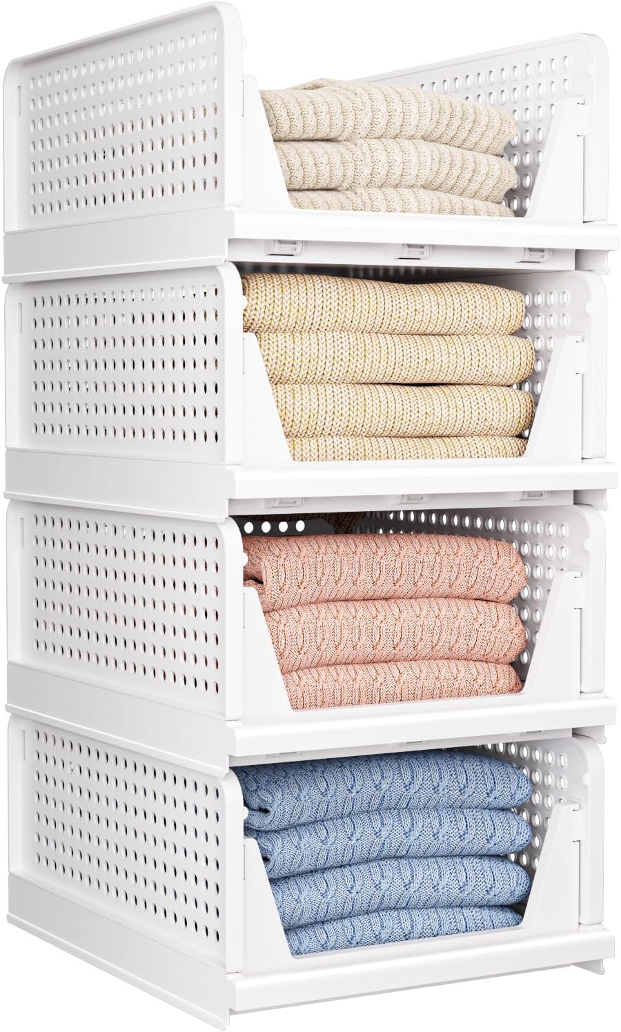 Skiennix Folding Closet Organizers - Stackable Storage Bins for Home & Office | White - 4L (4 Pack)