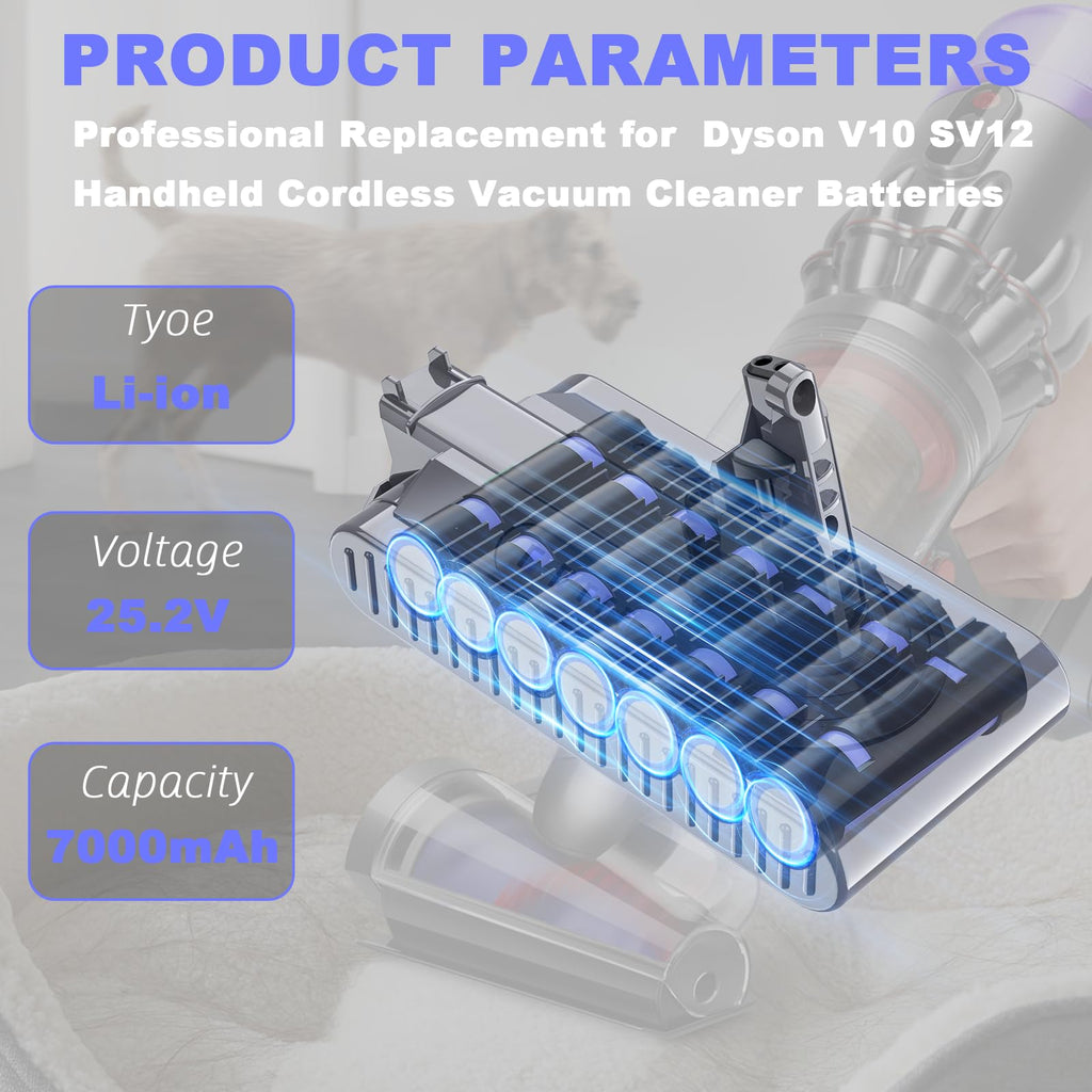 Mounzuikue Upgraded 7000mAh 25.2V Replacement for Dyson V10 Battery 242151 206340 7 Cell Li-ion Battery Compatible with Dyson V10 SV12 Series Vaccum Cleaner/Cyclone/Animal/Absolute/Motorhead,Filter