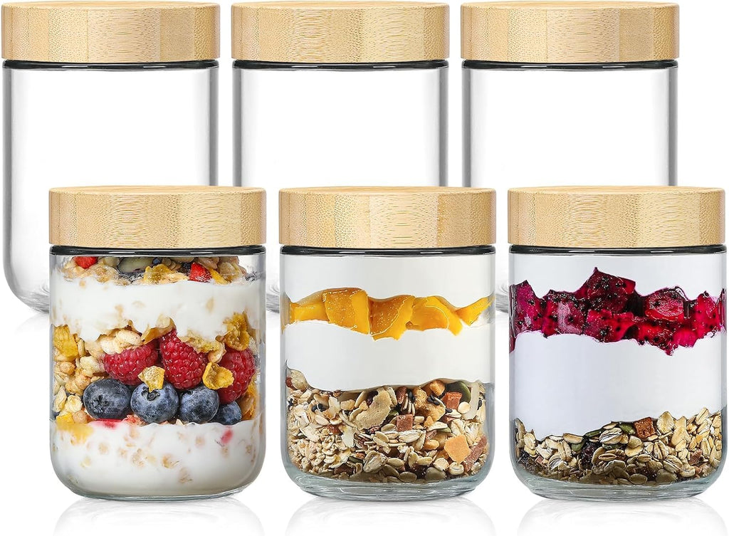 NETANY 16oz Glass Jars - 6-Pack Airtight Containers with Bamboo Lids for Overnight Oats & Snacks