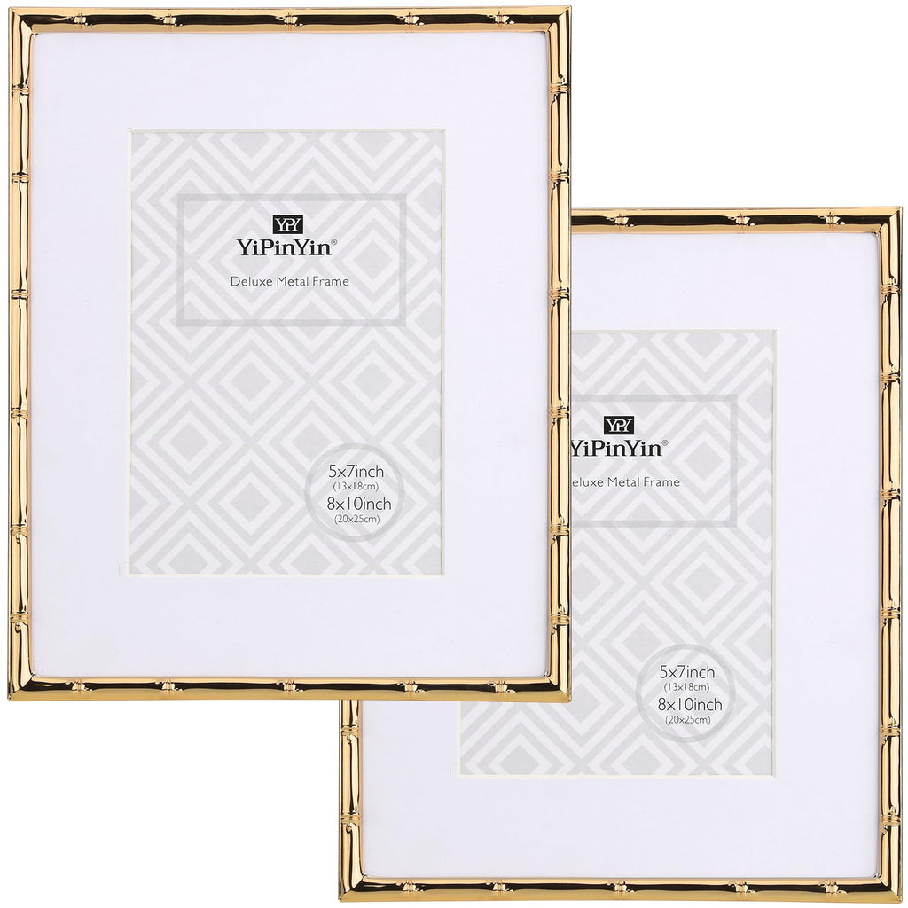 YiPinYin 8x10'' Bamboo Detail Gold Metal Picture Frame with Acid Free Mat for 5x7'' Set of 2,Narrow Gold Plated Photo Frames 5 x7'' With Soft Touch Velvet Backing for Desktop and Wall Décor