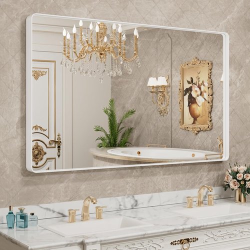 LOAAO Bathroom Mirror - 60x28 Inch White Metal Framed Rounded Rectangle | Anti-Rust Tempered Glass, Versatile Hanging Options