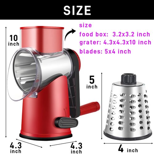 Weltonhm Rotary Cheese Graters with 4 Blades, Hand Crank Cheese Grater with Waffle Slicer, Red, Black and White Cheese Shredder with Suction Base, Easier for Shredding & Grating (Red, 4 Graters)
